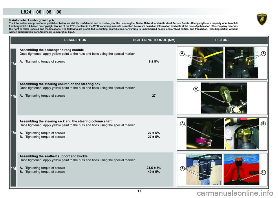 LAMBORGHINI MURCIÉLAGO 2009  Service Repair Manual 17
17a
17b
17c
17d
L824    00    08    00
AA
A
AB
B
A
    DESCRIPTION TIGHTENING TORQUE (Nm) PICTURE
® Automobili Lamborghini S.p.A.�7�K�H��L�Q�I�R�U�P�D�W�L�R�Q��D�Q�G��S�U�R�F�H�G�X�U�H�V��S�X�