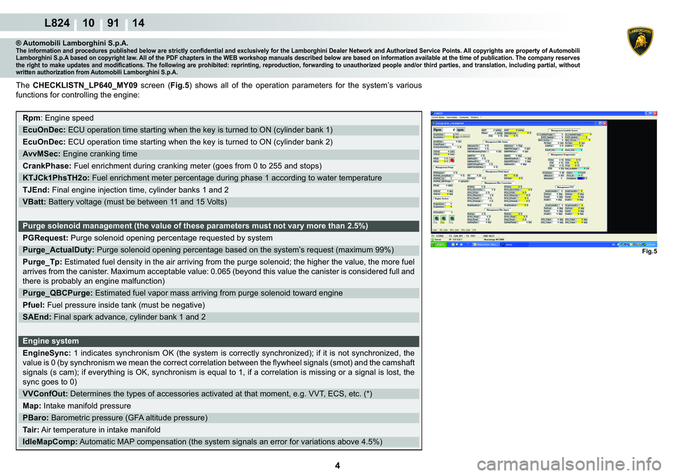 LAMBORGHINI MURCIÉLAGO 2009  Service Repair Manual 4
L824 10    91 14
Fig.5
® Automobili Lamborghini S.p.A.�7�K�H��L�Q�I�R�U�P�D�W�L�R�Q��D�Q�G��S�U�R�F�H�G�X�U�H�V��S�X�E�O�L�V�K�H�G��E�H�O�R�Z��D�U�H��V�W�U�L�F�W�O�\��F�R�Q�¿�G�H�Q�W�L�D�O