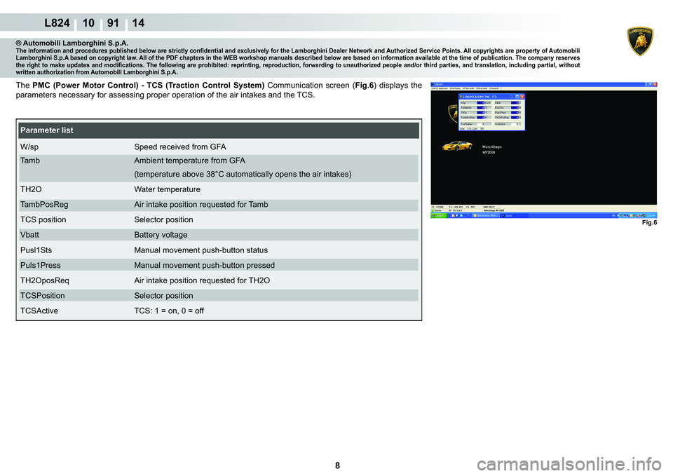 LAMBORGHINI MURCIÉLAGO 2009  Service Repair Manual 8
L824 10    91 14
�)�L�J��
® Automobili Lamborghini S.p.A.�7�K�H��L�Q�I�R�U�P�D�W�L�R�Q��D�Q�G��S�U�R�F�H�G�X�U�H�V��S�X�E�O�L�V�K�H�G��E�H�O�R�Z��D�U�H��V�W�U�L�F�W�O�\��F�R�Q�¿�G�H�Q�W�