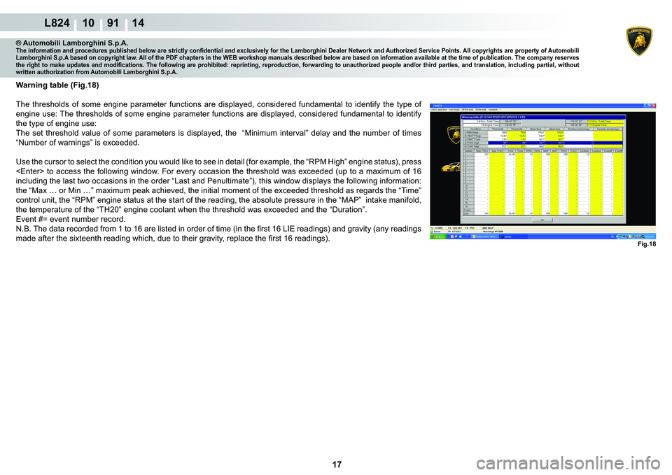 LAMBORGHINI MURCIÉLAGO 2009  Service Repair Manual 17
L824 10    91 14
Fig.18
® Automobili Lamborghini S.p.A.�7�K�H��L�Q�I�R�U�P�D�W�L�R�Q��D�Q�G��S�U�R�F�H�G�X�U�H�V��S�X�E�O�L�V�K�H�G��E�H�O�R�Z��D�U�H��V�W�U�L�F�W�O�\��F�R�Q�¿�G�H�Q�W�L�D