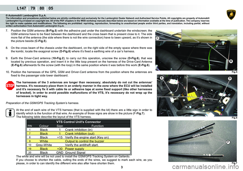 LAMBORGHINI MURCIÉLAGO 2009  Service Repair Manual  3 
L147    79    80    05
Fig.7
F
Fig.5
C
�%
Fig.6
��(
® Automobili Lamborghini S.p.A.�7�K�H��L�Q�I�R�U�P�D�W�L�R�Q��D�Q�G��S�U�R�F�H�G�X�U�H�V��S�X�E�O�L�V�K�H�G��E�H�O�R�Z��D�U�H��V�W�U�L�
