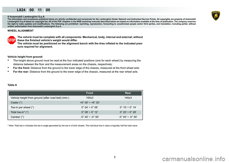 LAMBORGHINI MURCIÉLAGO 2009  Service Repair Manual  1 
L824    00 11    00
® Automobili Lamborghini S.p.A.�7�K�H��L�Q�I�R�U�P�D�W�L�R�Q��D�Q�G��S�U�R�F�H�G�X�U�H�V��S�X�E�O�L�V�K�H�G��E�H�O�R�Z��D�U�H��V�W�U�L�F�W�O�\��F�R�Q�¿�G�H�Q�W�L�D�O�
