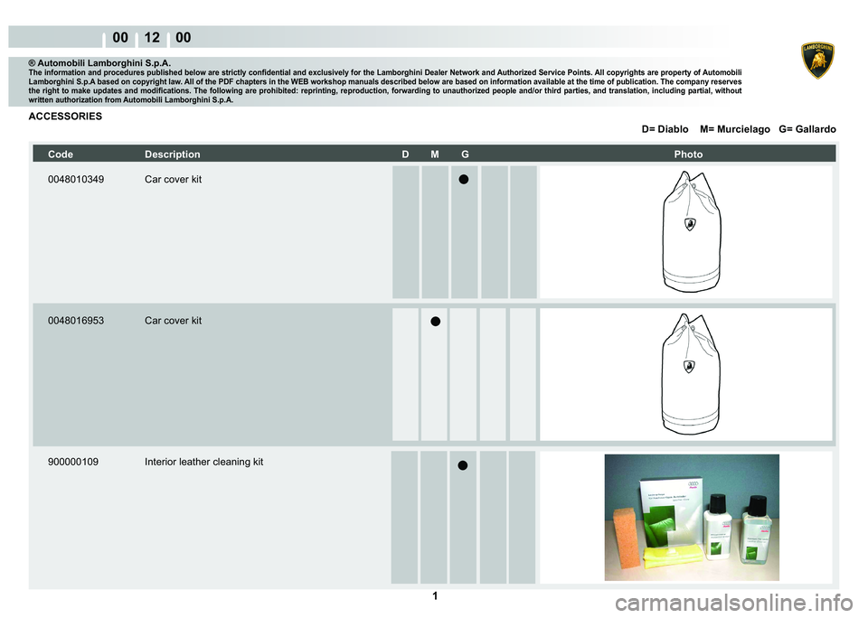 LAMBORGHINI MURCIÉLAGO 2009  Service Repair Manual  1 
00 12    00
® Automobili Lamborghini S.p.A.�7�K�H��L�Q�I�R�U�P�D�W�L�R�Q��D�Q�G��S�U�R�F�H�G�X�U�H�V��S�X�E�O�L�V�K�H�G��E�H�O�R�Z��D�U�H��V�W�U�L�F�W�O�\��F�R�Q�¿�G�H�Q�W�L�D�O��D�Q�G�