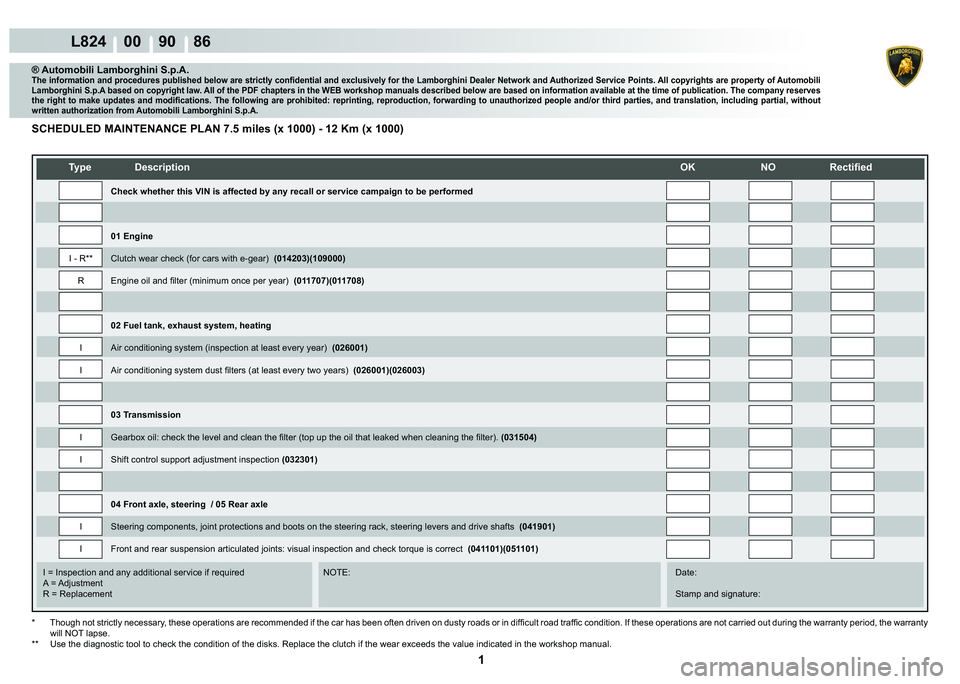 LAMBORGHINI MURCIÉLAGO 2009  Service Repair Manual  1 
L824    00    90    86
   
�7�\�S�H� ��H�V�F�U�L�S�W�L�R�Q��2�.� �1�2� �5�H�F�W�L�¿�H�G
    
    
    
   
    
   
I = Inspection and any additional service if required      NOTE:      Date