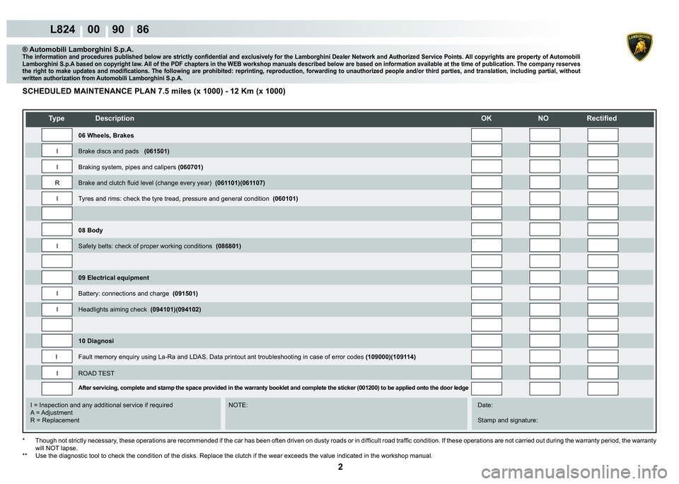 LAMBORGHINI MURCIÉLAGO 2009  Service Repair Manual 2
L824    00    90    86
   
�7�\�S�H� ��H�V�F�U�L�S�W�L�R�Q��2�.� �1�2� �5�H�F�W�L�¿�H�G
    
    
    
   
    
   
I = Inspection and any additional service if required      NOTE:      Date:
