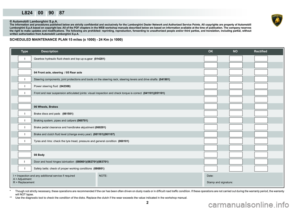 LAMBORGHINI MURCIÉLAGO 2009  Service Repair Manual 2
L824    00    90    87
   
�7�\�S�H� ��H�V�F�U�L�S�W�L�R�Q��2�.� �1�2� �5�H�F�W�L�¿�H�G
    
    
    
   
    
   
I = Inspection and any additional service if required      NOTE:      Date:
