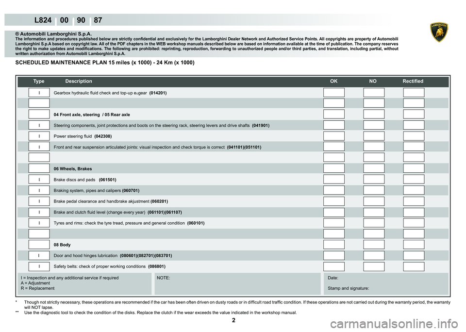 LAMBORGHINI MURCIÉLAGO 2009  Service Repair Manual 2
L824    00    90    87
   
�7�\�S�H� ��H�V�F�U�L�S�W�L�R�Q��2�.� �1�2� �5�H�F�W�L�¿�H�G
    
    
    
   
    
   
I = Inspection and any additional service if required      NOTE:      Date:
