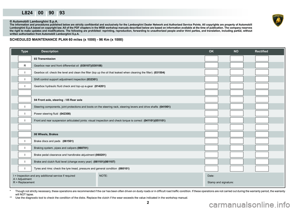 LAMBORGHINI MURCIÉLAGO 2009  Service Repair Manual 2
L824    00    90    93
   
�7�\�S�H� ��H�V�F�U�L�S�W�L�R�Q��2�.� �1�2� �5�H�F�W�L�¿�H�G
    
    
    
   
    
   
I = Inspection and any additional service if required      NOTE:      Date:
