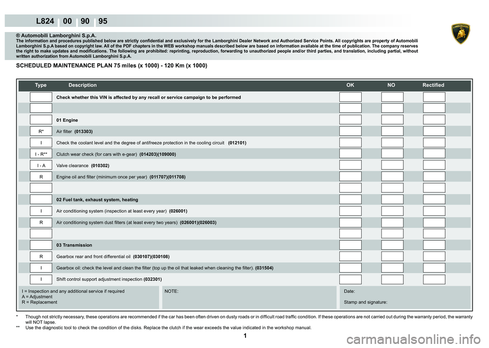 LAMBORGHINI MURCIÉLAGO 2009  Service Repair Manual  1 
L824    00    90    95
   
�7�\�S�H� ��H�V�F�U�L�S�W�L�R�Q��2�.� �1�2� �5�H�F�W�L�¿�H�G
    
    
    
   
    
   
I = Inspection and any additional service if required      NOTE:      Date