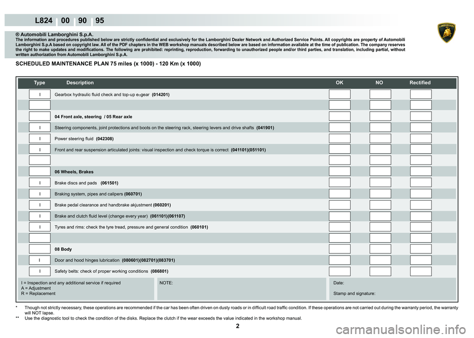 LAMBORGHINI MURCIÉLAGO 2009  Service Repair Manual 2
L824    00    90    95
   
�7�\�S�H� ��H�V�F�U�L�S�W�L�R�Q��2�.� �1�2� �5�H�F�W�L�¿�H�G
    
    
    
   
    
   
I = Inspection and any additional service if required      NOTE:      Date:
