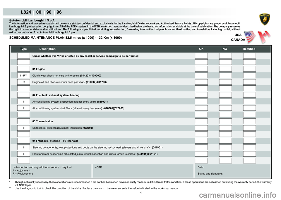 LAMBORGHINI MURCIÉLAGO 2009  Service Repair Manual  1 
L824    00    90    96
USA
CANADA
   
�7�\�S�H� ��H�V�F�U�L�S�W�L�R�Q�
�2�.� �1�2� �5�H�F�W�L�¿�H�G
    
    
    
   
    
   
I = Inspection and any additional service if required      NOT