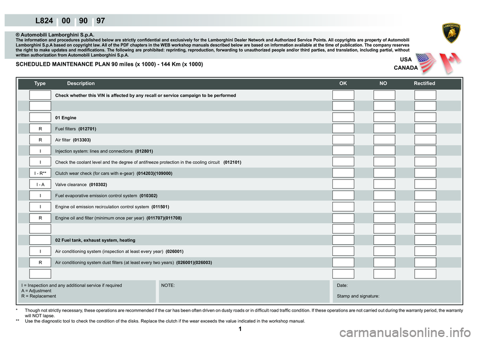 LAMBORGHINI MURCIÉLAGO 2009  Service Repair Manual  1 
L824    00    90    97
USA
CANADA
   
�7�\�S�H� ��H�V�F�U�L�S�W�L�R�Q�
�2�.� �1�2� �5�H�F�W�L�¿�H�G
    
    
    
   
    
   
I = Inspection and any additional service if required      NOT