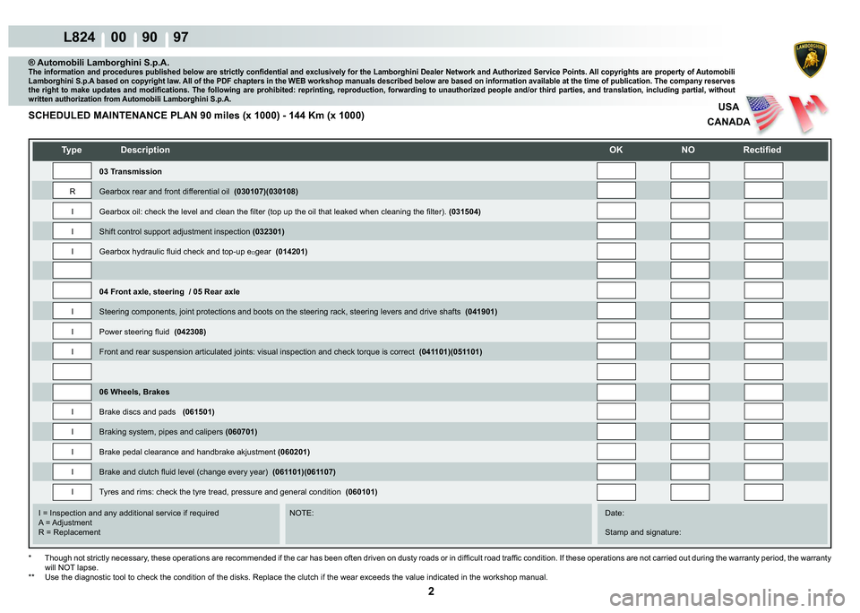 LAMBORGHINI MURCIÉLAGO 2009  Service Repair Manual 2
L824    00    90    97
USA
CANADA
   
�7�\�S�H� ��H�V�F�U�L�S�W�L�R�Q�
�2�.� �1�2� �5�H�F�W�L�¿�H�G
    
    
    
   
    
   
I = Inspection and any additional service if required      NOTE: