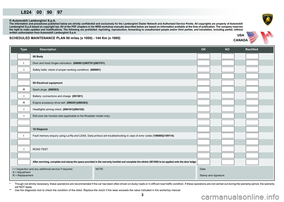 LAMBORGHINI MURCIÉLAGO 2009  Service Repair Manual ���
L824    00    90    97
USA
CANADA
   
�7�\�S�H� ��H�V�F�U�L�S�W�L�R�Q�
�2�.� �1�2� �5�H�F�W�L�¿�H�G
    
    
    
   
    
   
I = Inspection and any additional service if required      