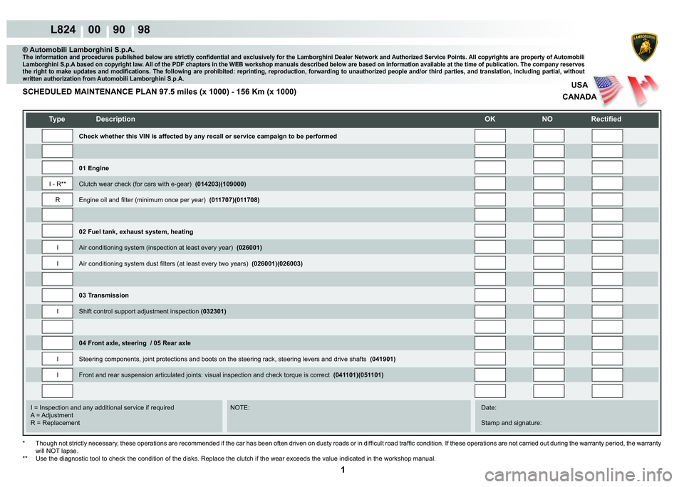 LAMBORGHINI MURCIÉLAGO 2009  Service Repair Manual  1 
L824    00    90    98
USA
CANADA
   
�7�\�S�H� ��H�V�F�U�L�S�W�L�R�Q�
�2�.� �1�2� �5�H�F�W�L�¿�H�G
    
    
    
   
    
   
I = Inspection and any additional service if required      NOT