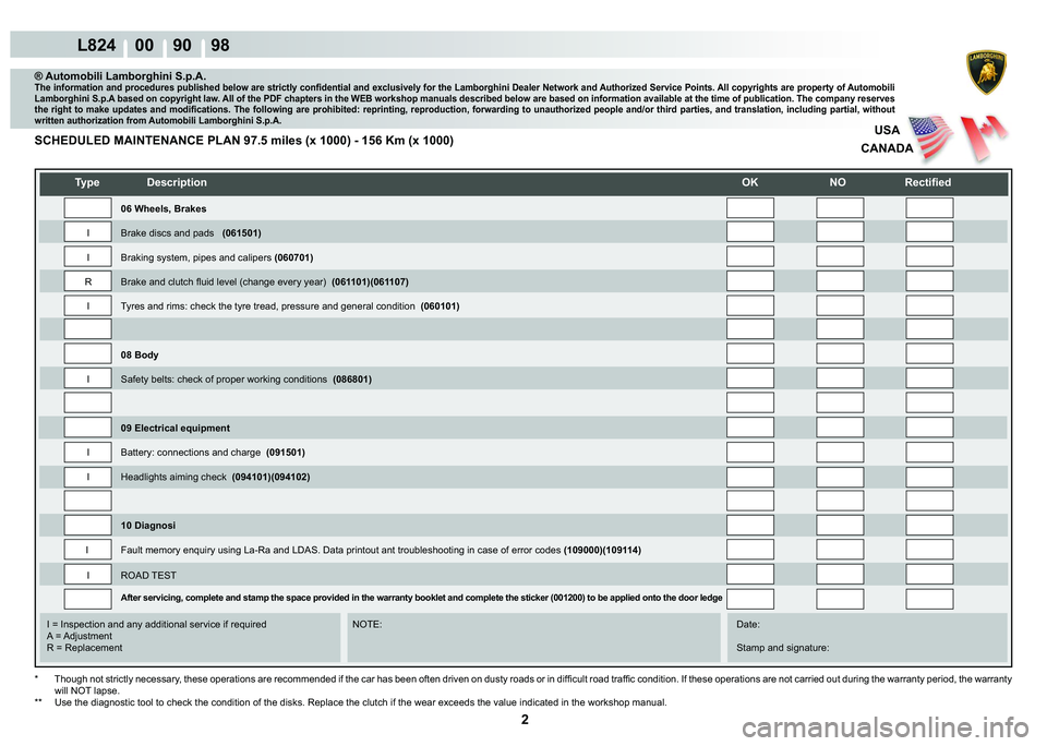 LAMBORGHINI MURCIÉLAGO 2009  Service Repair Manual 2
L824    00    90    98
USA
CANADA
   
�7�\�S�H� ��H�V�F�U�L�S�W�L�R�Q�
�2�.� �1�2� �5�H�F�W�L�¿�H�G
    
    
    
   
    
   
I = Inspection and any additional service if required      NOTE: