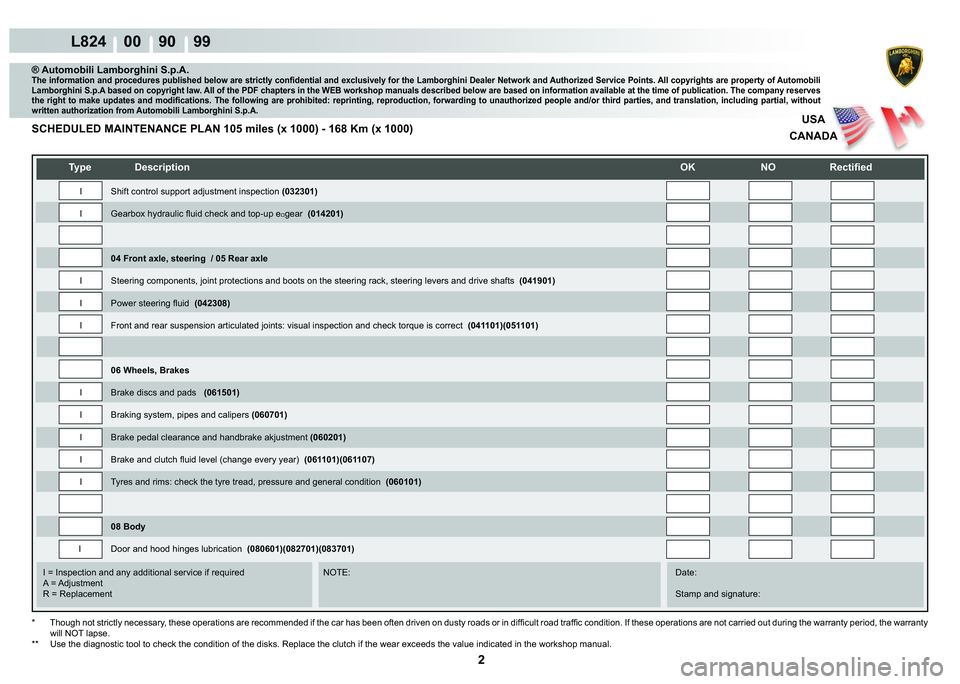 LAMBORGHINI MURCIÉLAGO 2009  Service Repair Manual 2
L824    00    90    99
USA
CANADA
   
�7�\�S�H� ��H�V�F�U�L�S�W�L�R�Q�
�2�.� �1�2� �5�H�F�W�L�¿�H�G
    
    
    
   
    
   
I = Inspection and any additional service if required      NOTE: