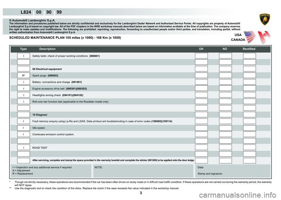LAMBORGHINI MURCIÉLAGO 2009  Service Repair Manual ���
L824    00    90    99
USA
CANADA
   
�7�\�S�H� ��H�V�F�U�L�S�W�L�R�Q�
�2�.� �1�2� �5�H�F�W�L�¿�H�G
    
    
    
   
    
   
I = Inspection and any additional service if required      