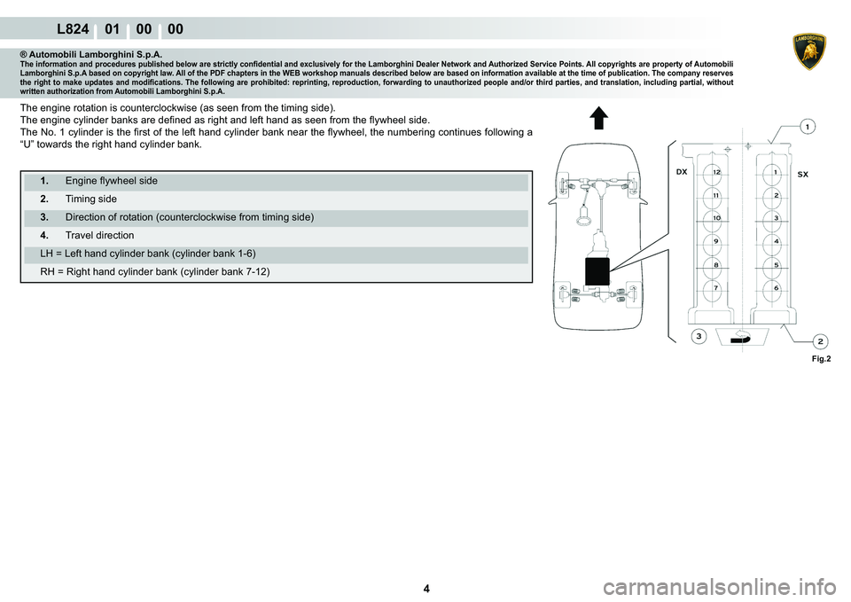 LAMBORGHINI MURCIÉLAGO 2009  Service Repair Manual 4
L824    01    00    00
�)�L�J��
® Automobili Lamborghini S.p.A.�7�K�H��L�Q�I�R�U�P�D�W�L�R�Q��D�Q�G��S�U�R�F�H�G�X�U�H�V��S�X�E�O�L�V�K�H�G��E�H�O�R�Z��D�U�H��V�W�U�L�F�W�O�\��F�R�Q�¿�G�