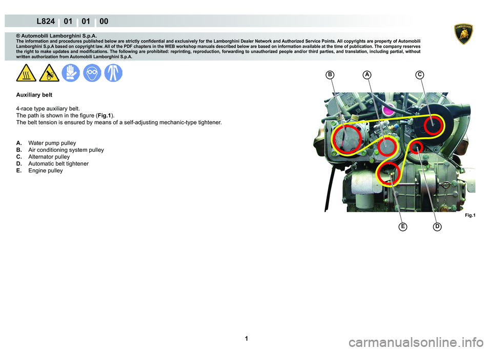 LAMBORGHINI MURCIÉLAGO 2009  Service Repair Manual  1 
L824    01    01    00
Fig.1
CBA
ED
® Automobili Lamborghini S.p.A.
�7�K�H��L�Q�I�R�U�P�D�W�L�R�Q��D�Q�G��S�U�R�F�H�G�X�U�H�V��S�X�E�O�L�V�K�H�G��E�H�O�R�Z��D�U�H��V�W�U�L�F�W�O�\��F�R�Q�