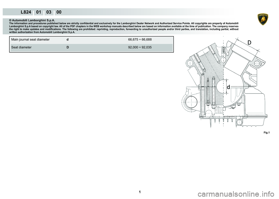 LAMBORGHINI MURCIÉLAGO 2009  Service Repair Manual  1 
L824    01    03    00
Fig.1
® Automobili Lamborghini S.p.A.�7�K�H��L�Q�I�R�U�P�D�W�L�R�Q��D�Q�G��S�U�R�F�H�G�X�U�H�V��S�X�E�O�L�V�K�H�G��E�H�O�R�Z��D�U�H��V�W�U�L�F�W�O�\��F�R�Q�¿�G�H�Q