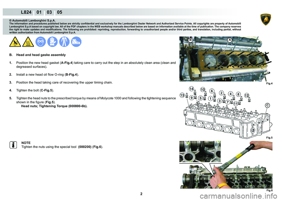 LAMBORGHINI MURCIÉLAGO 2009  Service Repair Manual 2
L824    01    03    05
Fig.4
AB
Fig.5
Fig.6
C
® Automobili Lamborghini S.p.A.
�7�K�H��L�Q�I�R�U�P�D�W�L�R�Q��D�Q�G��S�U�R�F�H�G�X�U�H�V��S�X�E�O�L�V�K�H�G��E�H�O�R�Z��D�U�H��V�W�U�L�F�W�O�\�