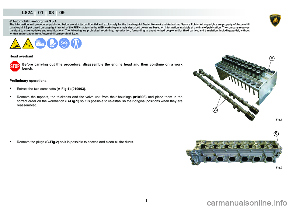 LAMBORGHINI MURCIÉLAGO 2009  Service Repair Manual  1 
L824    01    03    09
Fig.1 Fig.2
A
B
C
® Automobili Lamborghini S.p.A.
�7�K�H��L�Q�I�R�U�P�D�W�L�R�Q��D�Q�G��S�U�R�F�H�G�X�U�H�V��S�X�E�O�L�V�K�H�G��E�H�O�R�Z��D�U�H��V�W�U�L�F�W�O�\��F
