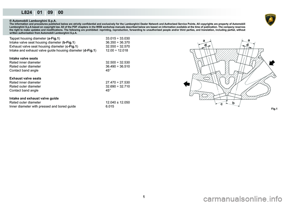 LAMBORGHINI MURCIÉLAGO 2009  Service Repair Manual  1 
L824    01    09    00
Fig.1
® Automobili Lamborghini S.p.A.�7�K�H��L�Q�I�R�U�P�D�W�L�R�Q��D�Q�G��S�U�R�F�H�G�X�U�H�V��S�X�E�O�L�V�K�H�G��E�H�O�R�Z��D�U�H��V�W�U�L�F�W�O�\��F�R�Q�¿�G�H�Q