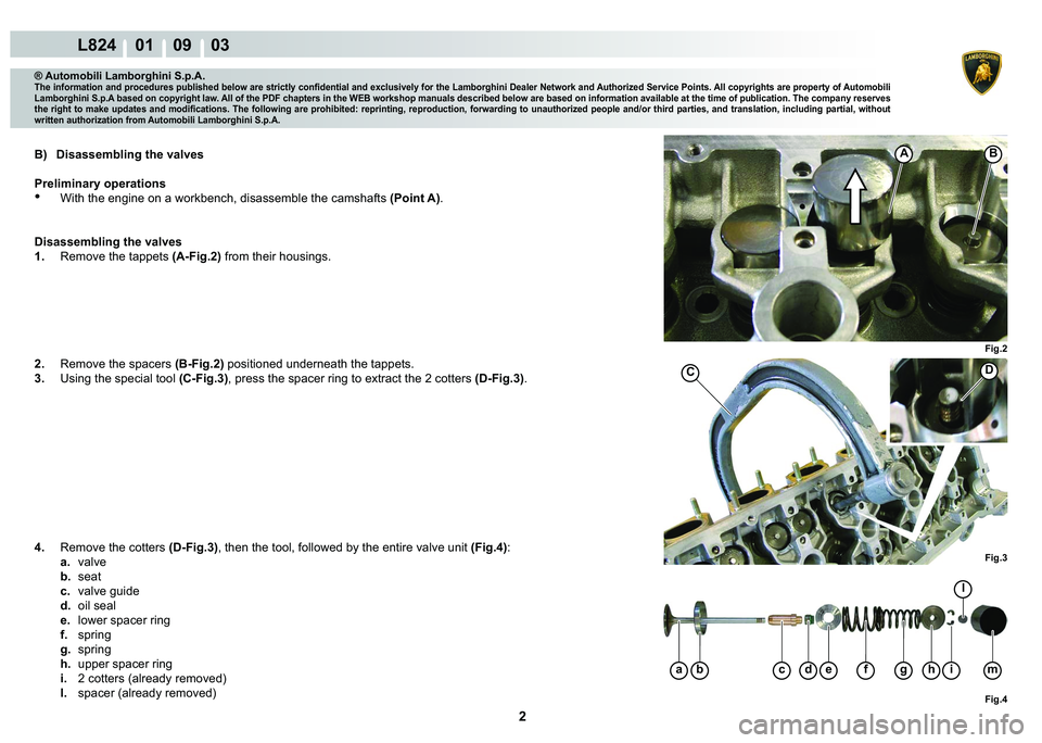 LAMBORGHINI MURCIÉLAGO 2009  Service Repair Manual 2
L824    01    09    03
Fig.2
B
Fig.3
�C
Fig.4
abcdefghim
l
A
® Automobili Lamborghini S.p.A.
�7�K�H��L�Q�I�R�U�P�D�W�L�R�Q��D�Q�G��S�U�R�F�H�G�X�U�H�V��S�X�E�O�L�V�K�H�G��E�H�O�R�Z��D�U�H��