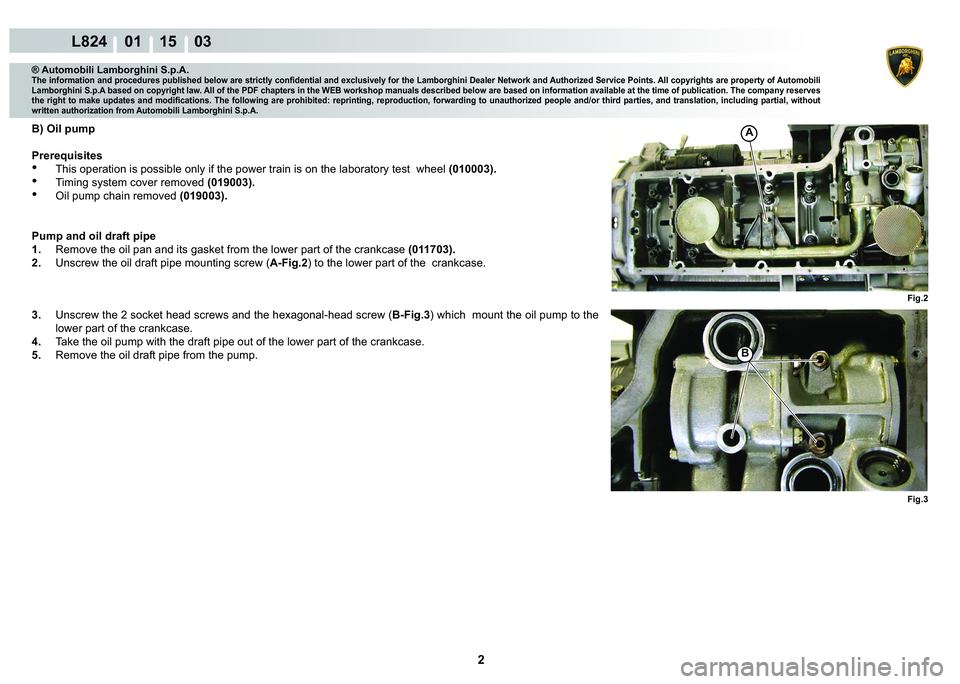 LAMBORGHINI MURCIÉLAGO 2009  Service Repair Manual 2
L824    01 15    03
Fig.2 Fig.3
A
�%
® Automobili Lamborghini S.p.A.
�7�K�H��L�Q�I�R�U�P�D�W�L�R�Q��D�Q�G��S�U�R�F�H�G�X�U�H�V��S�X�E�O�L�V�K�H�G��E�H�O�R�Z��D�U�H��V�W�U�L�F�W�O�\��F�R�Q�