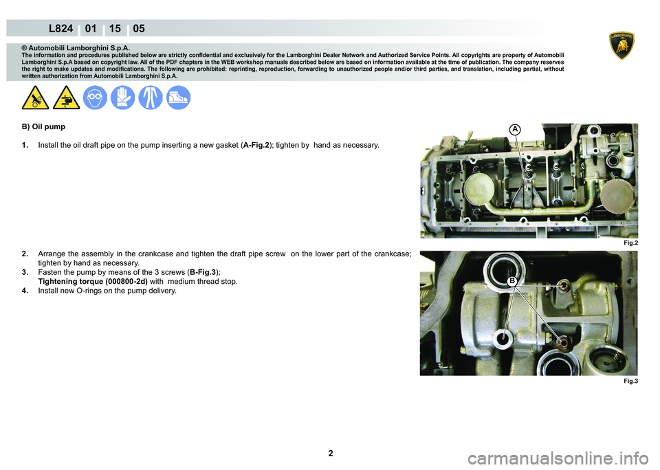 LAMBORGHINI MURCIÉLAGO 2009  Service Repair Manual 2
L824    01 15    05
Fig.2 Fig.3
A
�%
® Automobili Lamborghini S.p.A.
�7�K�H��L�Q�I�R�U�P�D�W�L�R�Q��D�Q�G��S�U�R�F�H�G�X�U�H�V��S�X�E�O�L�V�K�H�G��E�H�O�R�Z��D�U�H��V�W�U�L�F�W�O�\��F�R�Q�