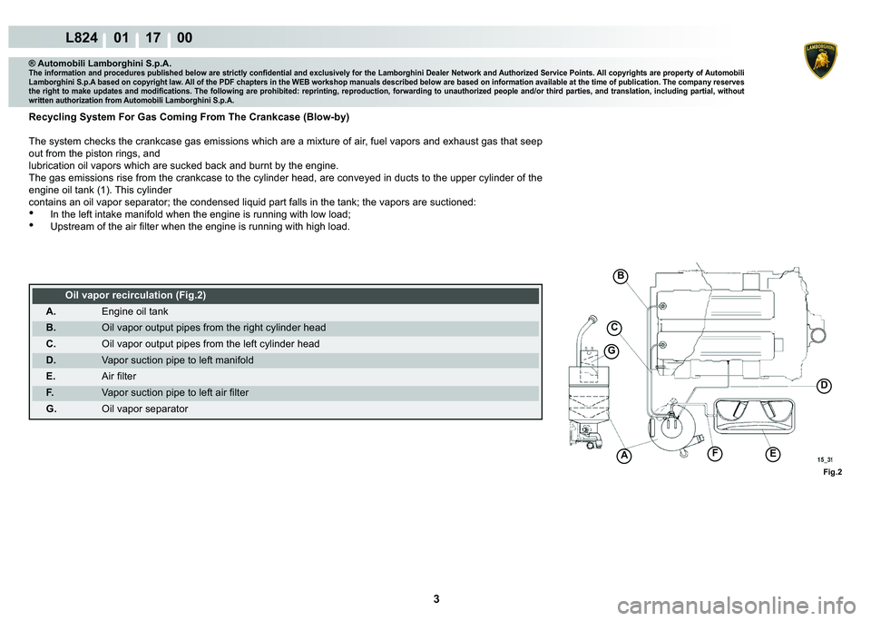 LAMBORGHINI MURCIÉLAGO 2009  Service Repair Manual  3 
L824    01 17    00
Fig.2
A
B
C
D
EF
G
® Automobili Lamborghini S.p.A.�7�K�H��L�Q�I�R�U�P�D�W�L�R�Q��D�Q�G��S�U�R�F�H�G�X�U�H�V��S�X�E�O�L�V�K�H�G��E�H�O�R�Z��D�U�H��V�W�U�L�F�W�O�\��F�R�