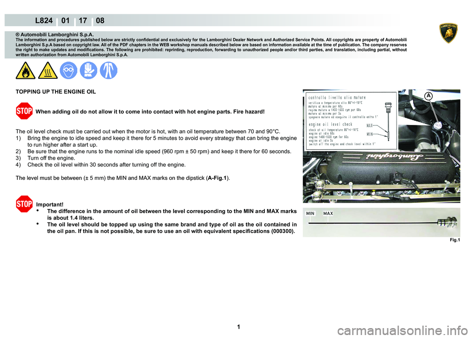 LAMBORGHINI MURCIÉLAGO 2009  Service Repair Manual  1 
L824    01 17    08
Fig.1
A
® Automobili Lamborghini S.p.A.
�7�K�H��L�Q�I�R�U�P�D�W�L�R�Q��D�Q�G��S�U�R�F�H�G�X�U�H�V��S�X�E�O�L�V�K�H�G��E�H�O�R�Z��D�U�H��V�W�U�L�F�W�O�\��F�R�Q�¿�G�H�Q