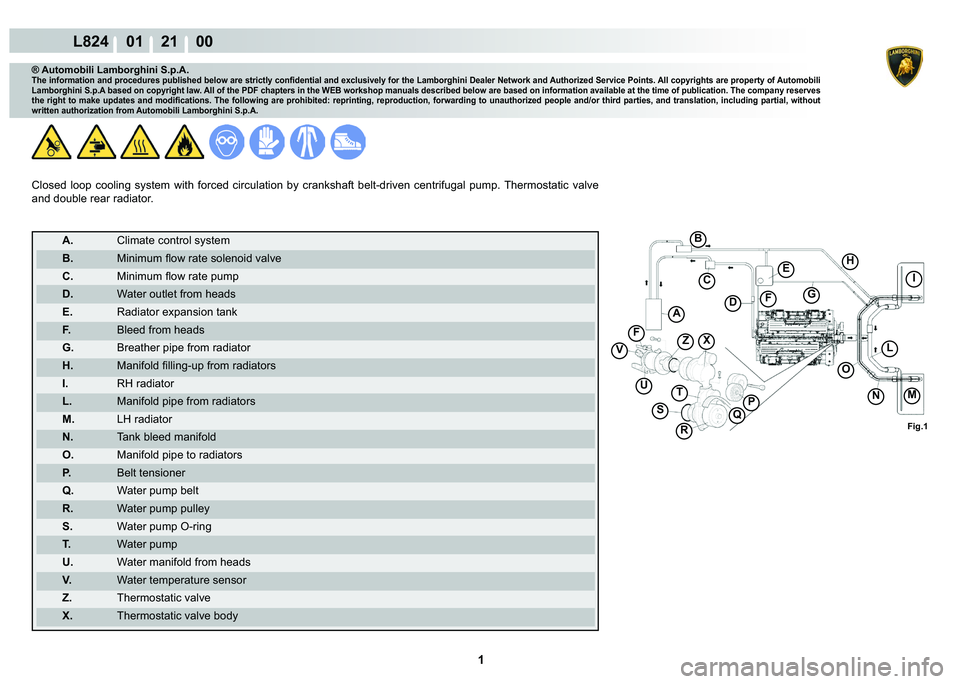 LAMBORGHINI MURCIÉLAGO 2009  Service Repair Manual  1 
L824    01    21    00
Fig.1
A
B
C
D
E
FG
H
I
L
MN
O
P
Q
R
S
TU
VZXF
® Automobili Lamborghini S.p.A.�7�K�H��L�Q�I�R�U�P�D�W�L�R�Q��D�Q�G��S�U�R�F�H�G�X�U�H�V��S�X�E�O�L�V�K�H�G��E�H�O�R�Z��