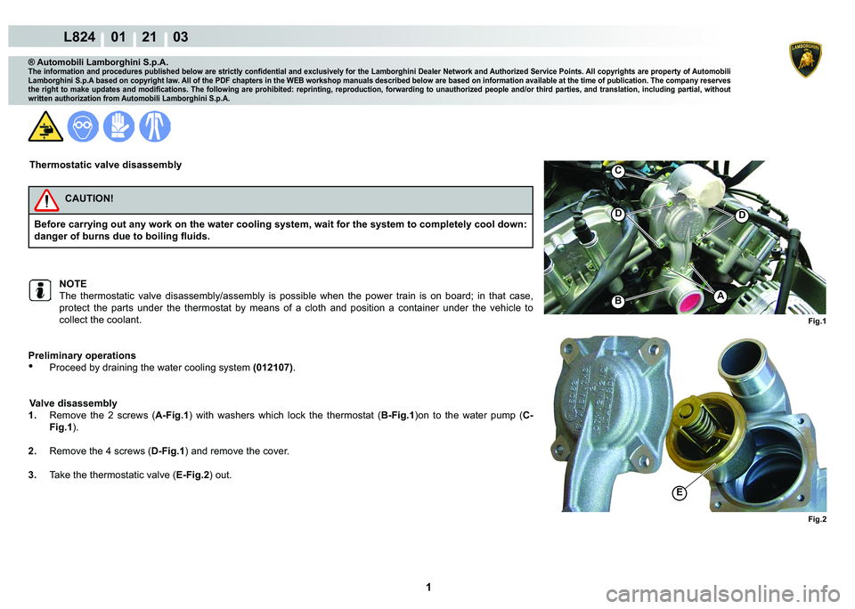 LAMBORGHINI MURCIÉLAGO 2009  Service Repair Manual  1 
L824    01    21    03
Fig.1 Fig.2
E
A
DD
B
C
® Automobili Lamborghini S.p.A.
�7�K�H��L�Q�I�R�U�P�D�W�L�R�Q��D�Q�G��S�U�R�F�H�G�X�U�H�V��S�X�E�O�L�V�K�H�G��E�H�O�R�Z��D�U�H��V�W�U�L�F�W�O�