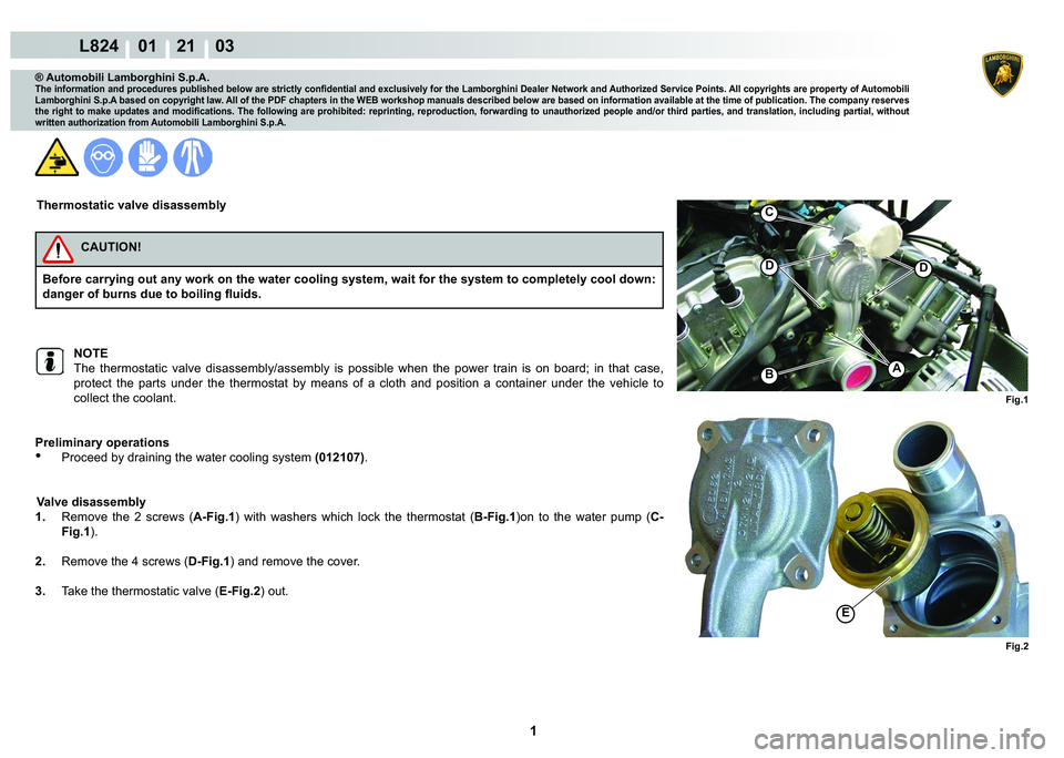 LAMBORGHINI MURCIÉLAGO 2009  Service Owners Manual  1 
L824    01    21    03
Fig.1 Fig.2
E
A
DD
B
C
® Automobili Lamborghini S.p.A.
�7�K�H��L�Q�I�R�U�P�D�W�L�R�Q��D�Q�G��S�U�R�F�H�G�X�U�H�V��S�X�E�O�L�V�K�H�G��E�H�O�R�Z��D�U�H��V�W�U�L�F�W�O�