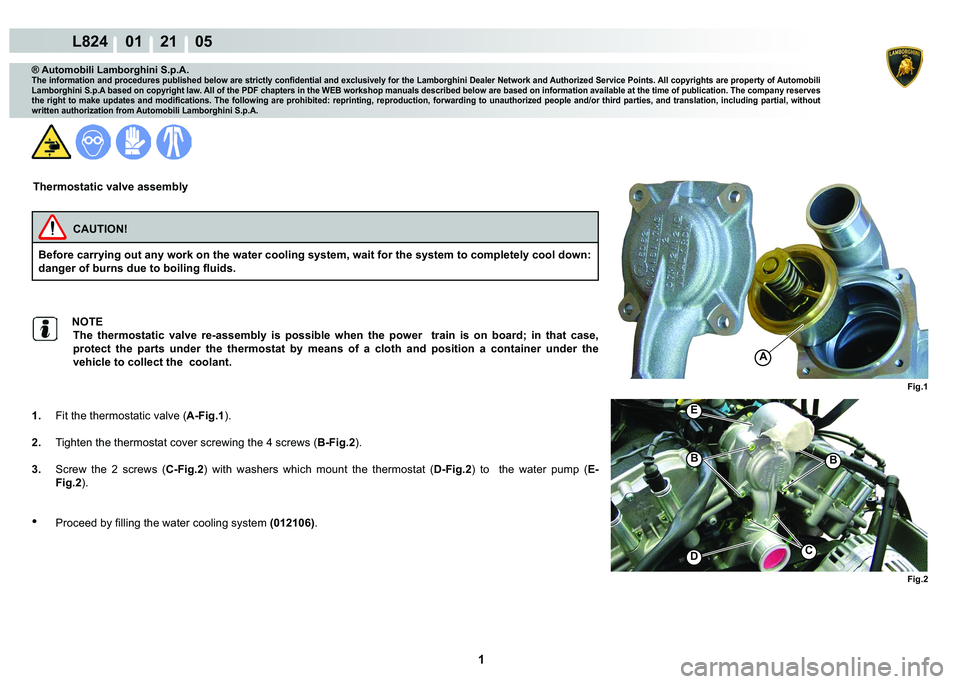 LAMBORGHINI MURCIÉLAGO 2009  Service Repair Manual  1 
L824    01    21    05
Fig.2
Fig.1
A
C
BB
D
E
® Automobili Lamborghini S.p.A.
�7�K�H��L�Q�I�R�U�P�D�W�L�R�Q��D�Q�G��S�U�R�F�H�G�X�U�H�V��S�X�E�O�L�V�K�H�G��E�H�O�R�Z��D�U�H��V�W�U�L�F�W�O�