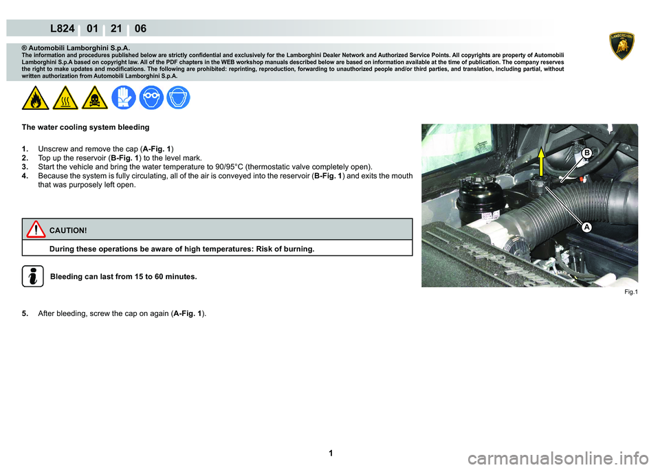 LAMBORGHINI MURCIÉLAGO 2009  Service Repair Manual  1 
L824    01    21    06
Fig.1
B
A
® Automobili Lamborghini S.p.A.
�7�K�H��L�Q�I�R�U�P�D�W�L�R�Q��D�Q�G��S�U�R�F�H�G�X�U�H�V��S�X�E�O�L�V�K�H�G��E�H�O�R�Z��D�U�H��V�W�U�L�F�W�O�\��F�R�Q�¿�