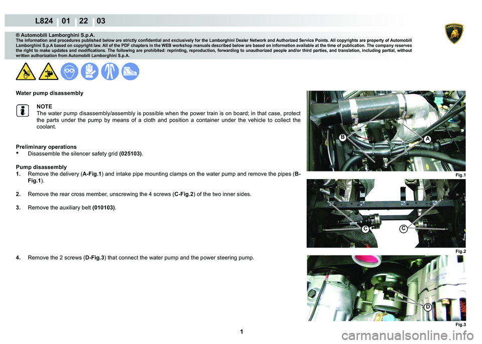 LAMBORGHINI MURCIÉLAGO 2009  Service Repair Manual  1 
L824    01    22    03
Fig.1 Fig.3
AB
D
Fig.2
CC
® Automobili Lamborghini S.p.A.
�7�K�H��L�Q�I�R�U�P�D�W�L�R�Q��D�Q�G��S�U�R�F�H�G�X�U�H�V��S�X�E�O�L�V�K�H�G��E�H�O�R�Z��D�U�H��V�W�U�L�F�W