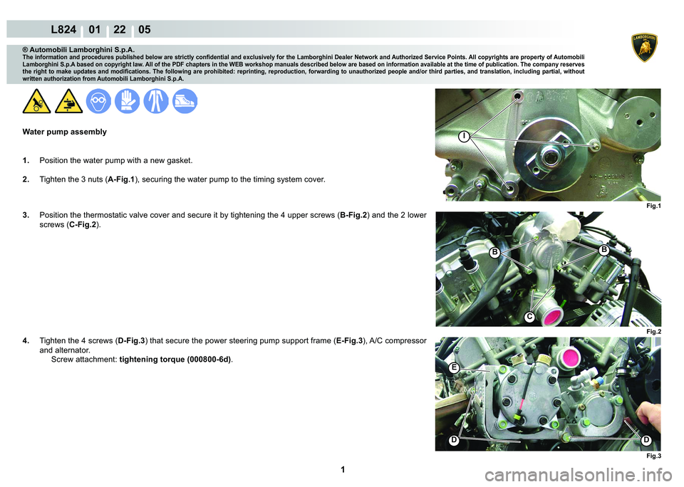 LAMBORGHINI MURCIÉLAGO 2009  Service Repair Manual  1 
L824    01    22    05
Fig.3
DD
E
BB
C
Fig.2
Fig.1
I
® Automobili Lamborghini S.p.A.
�7�K�H��L�Q�I�R�U�P�D�W�L�R�Q��D�Q�G��S�U�R�F�H�G�X�U�H�V��S�X�E�O�L�V�K�H�G��E�H�O�R�Z��D�U�H��V�W�U�L