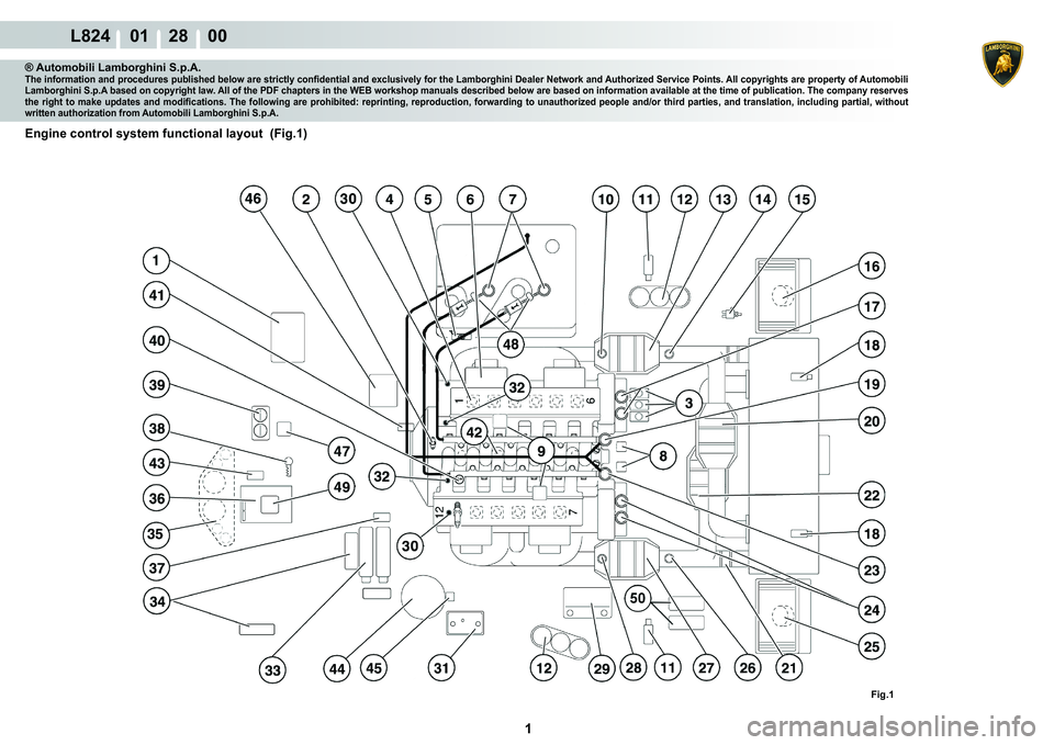 LAMBORGHINI MURCIÉLAGO 2009  Service Repair Manual  1 
L824    01    28    00
Fig.1
® Automobili Lamborghini S.p.A.�7�K�H��L�Q�I�R�U�P�D�W�L�R�Q��D�Q�G��S�U�R�F�H�G�X�U�H�V��S�X�E�O�L�V�K�H�G��E�H�O�R�Z��D�U�H��V�W�U�L�F�W�O�\��F�R�Q�¿�G�H�Q