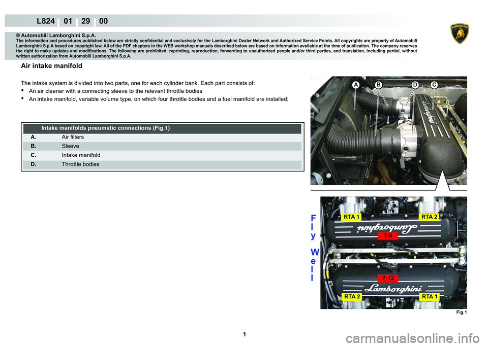 LAMBORGHINI MURCIÉLAGO 2009  Service Repair Manual  1 
L824    01    29    00
Fig.1
1-6
7-12
RTA 2RTA 1
RTA 1RTA 2
BDCA
® Automobili Lamborghini S.p.A.
�7�K�H��L�Q�I�R�U�P�D�W�L�R�Q��D�Q�G��S�U�R�F�H�G�X�U�H�V��S�X�E�O�L�V�K�H�G��E�H�O�R�Z��D�U