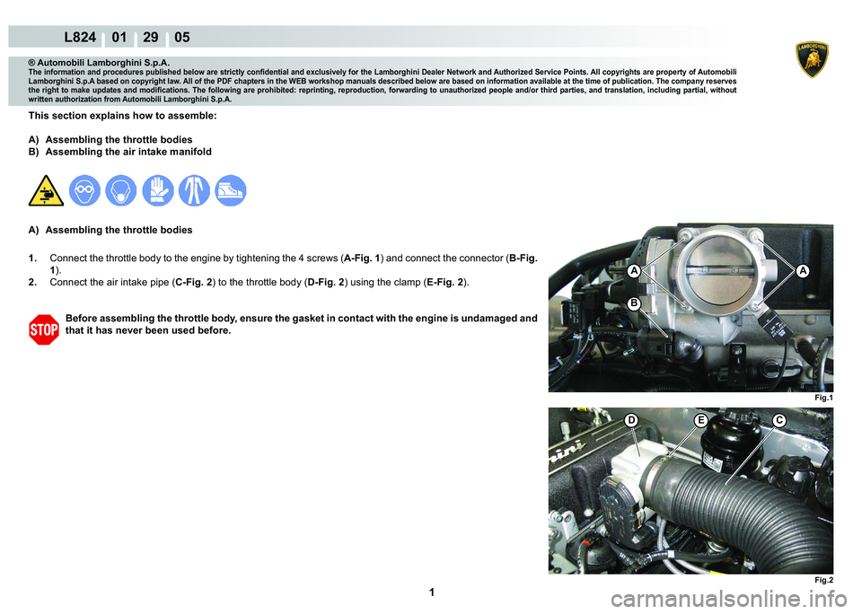 LAMBORGHINI MURCIÉLAGO 2009  Service Repair Manual  1 
L824    01    29    05
Fig.1 Fig.2
EDC
AA
B
® Automobili Lamborghini S.p.A.
�7�K�H��L�Q�I�R�U�P�D�W�L�R�Q��D�Q�G��S�U�R�F�H�G�X�U�H�V��S�X�E�O�L�V�K�H�G��E�H�O�R�Z��D�U�H��V�W�U�L�F�W�O�\�