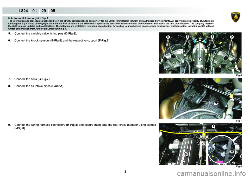 LAMBORGHINI MURCIÉLAGO 2009  Service Repair Manual 3
L824    01    29    05
Fig.8
Fig.7
G
Fig.6
DDEE
F
I
H
® Automobili Lamborghini S.p.A.
�7�K�H��L�Q�I�R�U�P�D�W�L�R�Q��D�Q�G��S�U�R�F�H�G�X�U�H�V��S�X�E�O�L�V�K�H�G��E�H�O�R�Z��D�U�H��V�W�U�L�