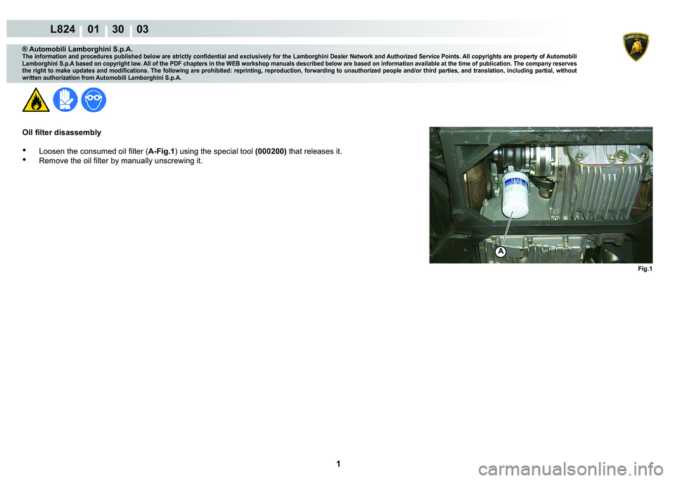 LAMBORGHINI MURCIÉLAGO 2009  Service Repair Manual  1 
L824    01    30    03
A
Fig.1
® Automobili Lamborghini S.p.A.�7�K�H��L�Q�I�R�U�P�D�W�L�R�Q��D�Q�G��S�U�R�F�H�G�X�U�H�V��S�X�E�O�L�V�K�H�G��E�H�O�R�Z��D�U�H��V�W�U�L�F�W�O�\��F�R�Q�¿�G�H