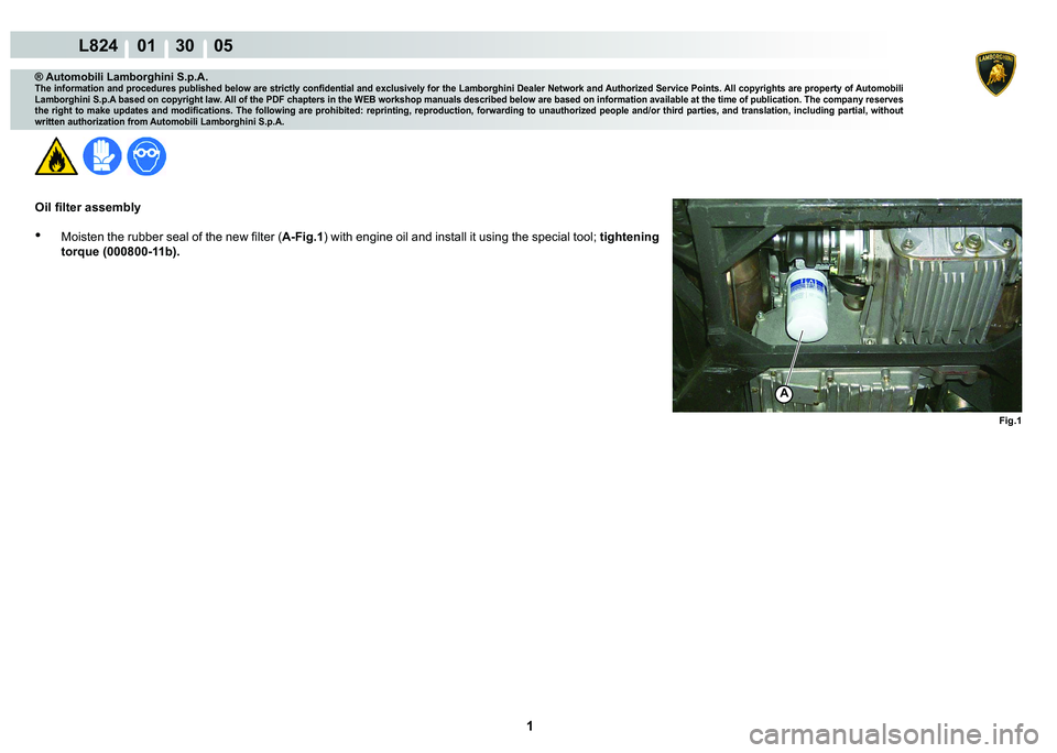 LAMBORGHINI MURCIÉLAGO 2009  Service Repair Manual  1 
L824    01    30    05
A
Fig.1
® Automobili Lamborghini S.p.A.�7�K�H��L�Q�I�R�U�P�D�W�L�R�Q��D�Q�G��S�U�R�F�H�G�X�U�H�V��S�X�E�O�L�V�K�H�G��E�H�O�R�Z��D�U�H��V�W�U�L�F�W�O�\��F�R�Q�¿�G�H