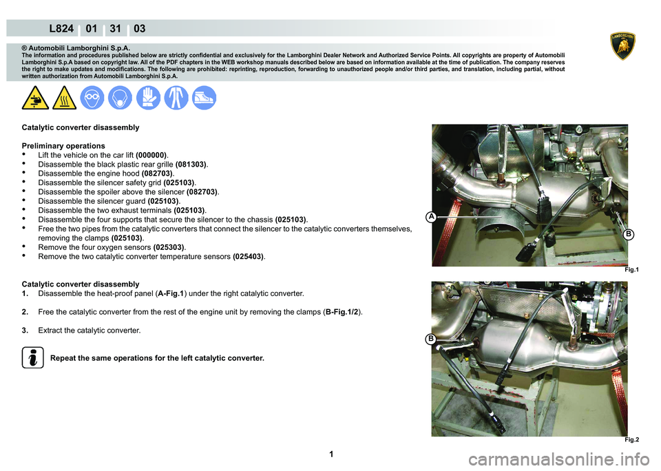 LAMBORGHINI MURCIÉLAGO 2009  Service Repair Manual  1 
L824    01    31    03
Fig.1
B
Fig.2
A
B
® Automobili Lamborghini S.p.A.
�7�K�H��L�Q�I�R�U�P�D�W�L�R�Q��D�Q�G��S�U�R�F�H�G�X�U�H�V��S�X�E�O�L�V�K�H�G��E�H�O�R�Z��D�U�H��V�W�U�L�F�W�O�\��F