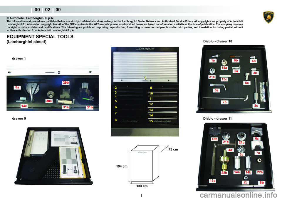 LAMBORGHINI MURCIÉLAGO 2009  Service Owners Guide  I 
00    02    00
14c
6a
30c
31a
29b
31b
1
2
3
4
5
6
7
8
9
10
11
12
13
14
15
1a6b4b
3b2a15a
21a13c
5c
3c
7b
5a
13b21c21b
6c
7a4a
22b
13a
14a14b
2c5b
22a
3a
133 cm
194 cm
73 cm
® Automobili Lamborghi
