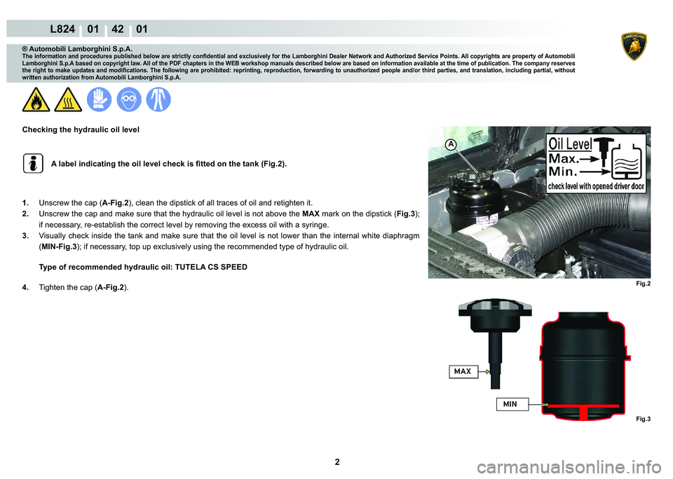 LAMBORGHINI MURCIÉLAGO 2009  Service Repair Manual 2
L824    01    42    01
Fig.2 Fig.3
A
® Automobili Lamborghini S.p.A.�7�K�H��L�Q�I�R�U�P�D�W�L�R�Q��D�Q�G��S�U�R�F�H�G�X�U�H�V��S�X�E�O�L�V�K�H�G��E�H�O�R�Z��D�U�H��V�W�U�L�F�W�O�\��F�R�Q�¿