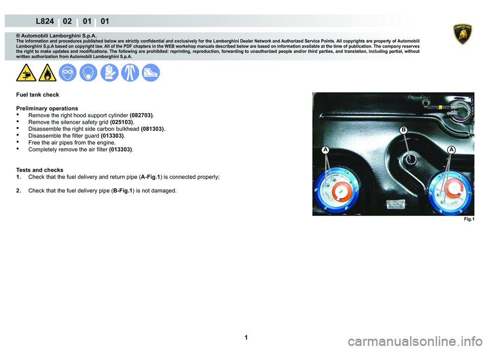 LAMBORGHINI MURCIÉLAGO 2009  Service Repair Manual  1 
L824    02     01    01
Fig.1
AA
B
® Automobili Lamborghini S.p.A.
�7�K�H��L�Q�I�R�U�P�D�W�L�R�Q��D�Q�G��S�U�R�F�H�G�X�U�H�V��S�X�E�O�L�V�K�H�G��E�H�O�R�Z��D�U�H��V�W�U�L�F�W�O�\��F�R�Q�